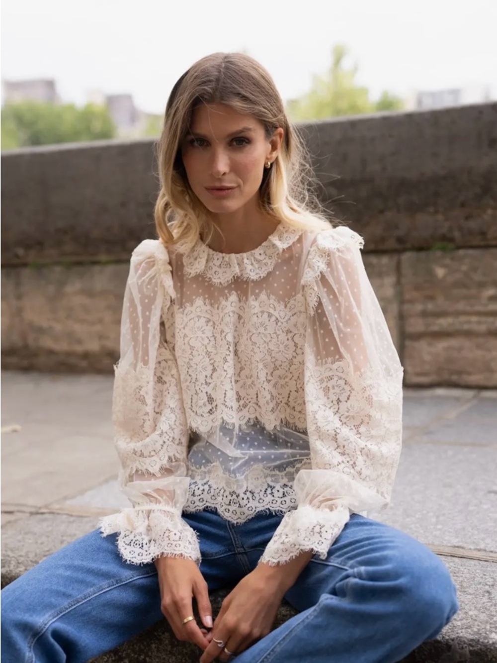 Sheer Lace Ruffle-Trim Blouse in Cream